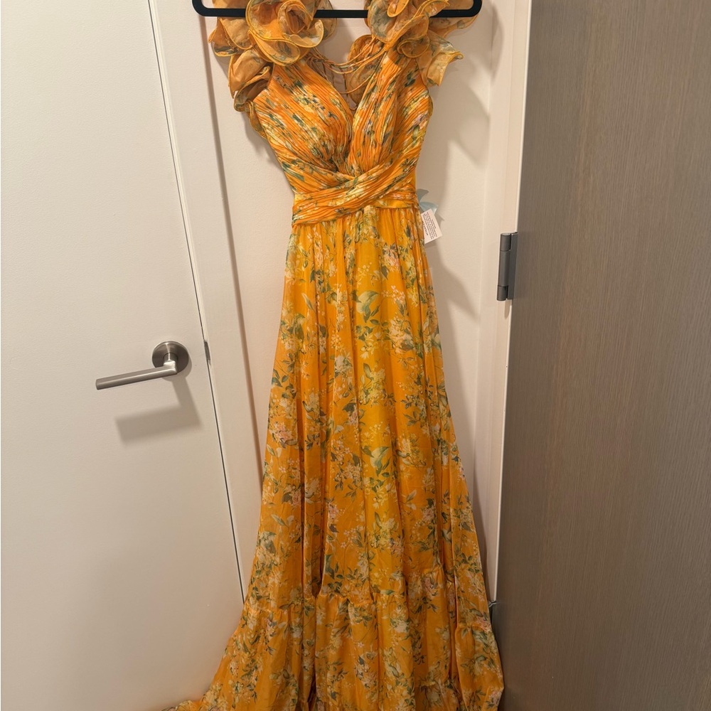 Mac Duggal Yellow Floral Maxi Dress